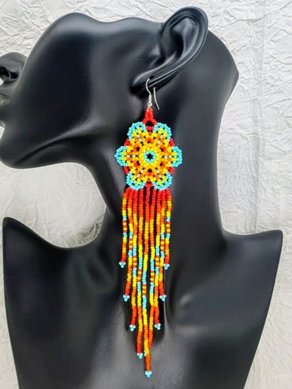 Handmade Multicolored Beaded Flower And Fringe Earrings
